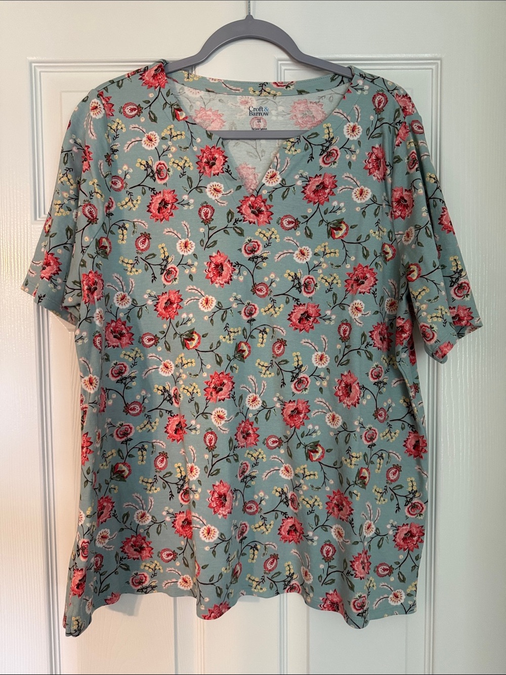 croft & barrow Mint Blue Floral V-Neck Short Sleeve Top
